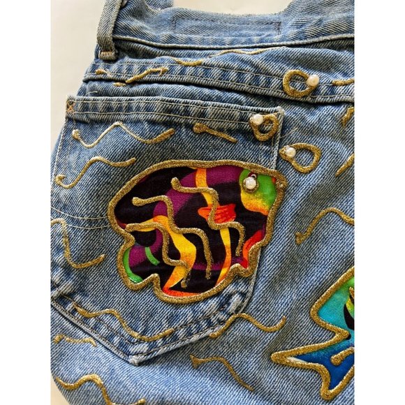 Lee Jeans Up Cycled Boho Purse Pearl Studs Gold Trim Fish Pockets Catch Closure - Picture 7 of 13